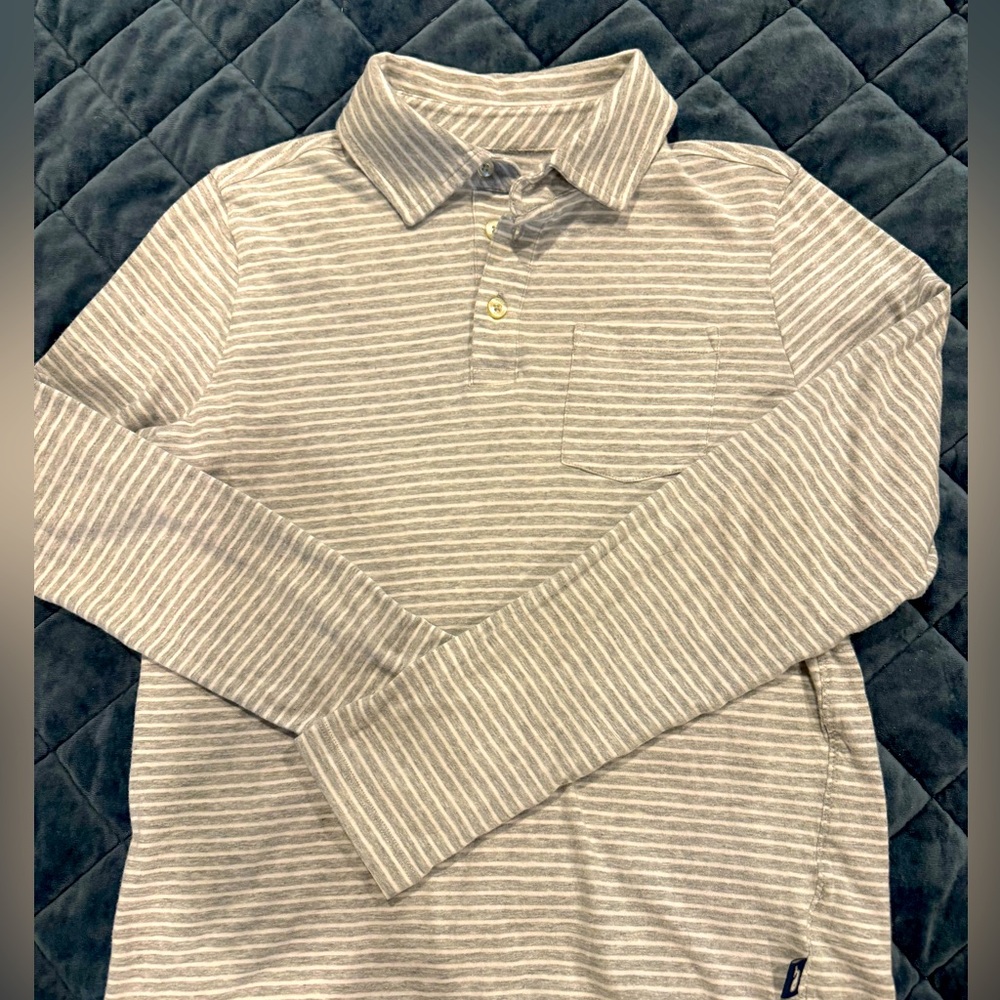 Boys grey with white stripes vineyard vine long sleeve cotton polo, size Medium